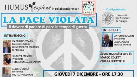 “La pace violata: il dovere di parlare di pace in tempo di guerra”: il 7 dicembre a Palazzo Gallenga