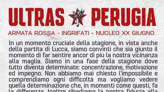 I tifosi della Curva Nord al fianco del Perugia in vista della trasferta di Lucca: sabato tutti all'allenamento