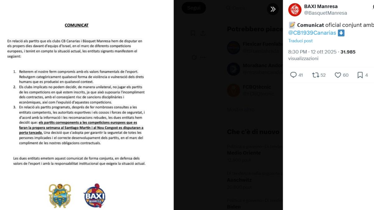 Tenerife e Manresa affronteranno le squadre israeliane a porte chiuse