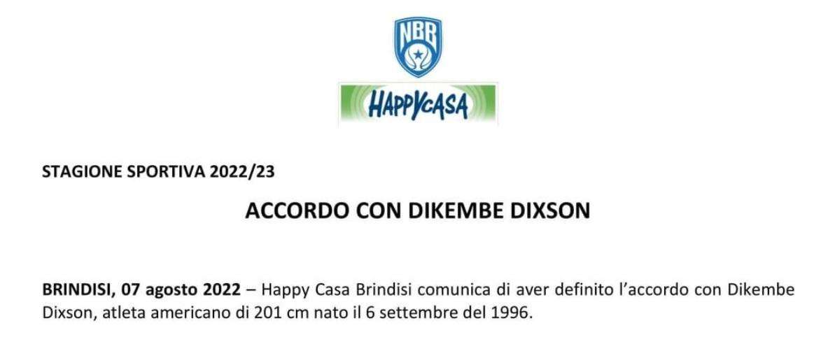 UFFICIALE LBA - Happy Casa Brindisi, firmata l'ala Dikembe Dixson