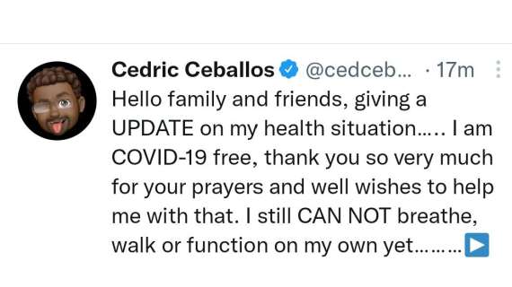 Cedric Ceballos negativo al Covid-19 ma ancora in terapia intensiva