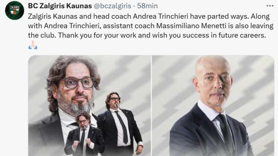 UFFICIALE EL - Zalgiris: ai saluti Trinchieri ma anche Max Menetti