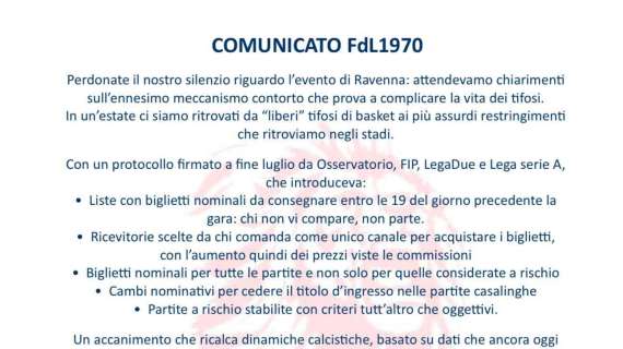 Fortitudo Bologna, la Fossa dei Leoni non sarà alla Supercoppa LNP: il comunicato 