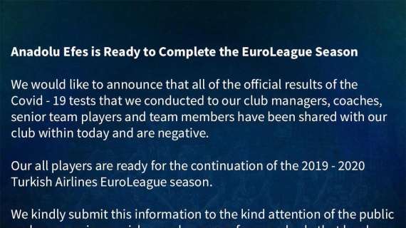 EuroLeague - Efes: "Pronti a continuare la stagione"