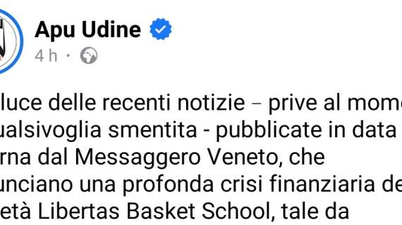 Apu Udine, smentita sui recenti articoli sulla Libertas Basket School