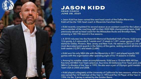 UFFICIALE NBA - Jason Kidd è il nuovo allenatore dei Dallas Mavericks