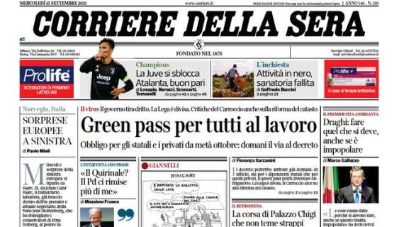Corriere della Sera - Green pass per tutti al lavoro