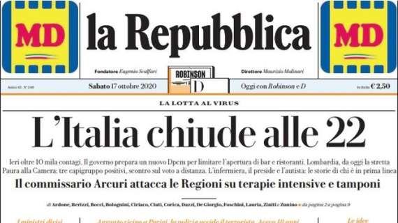 La Repubblica: "L'Italia chiude alle 22"