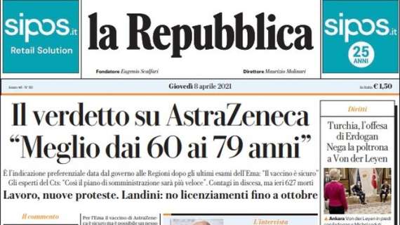 La Repubblica - Il verdetto su AstraZeneca: "Meglio dai 60 ai 79 anni"