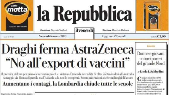 La Repubblica - Draghi ferma AstraZeneca. "No all'export di vaccini"