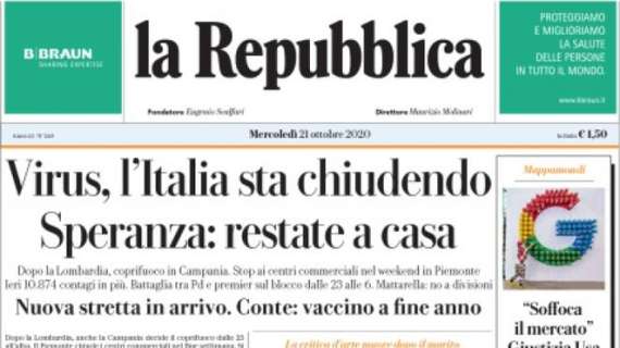 La Repubblica - Virus, l'Italia sta chiudendo. Speranza: restate a casa 