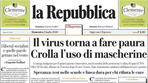 La Repubblica: "Il virus torna a fare paura. Crolla l'uso delle mascherine"