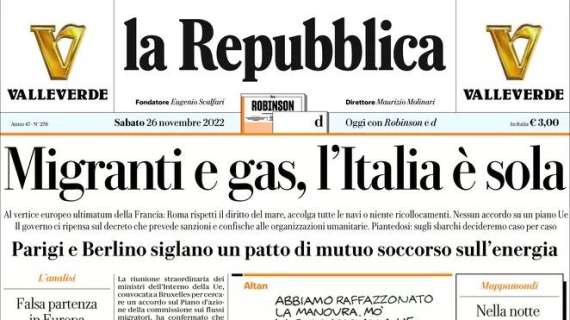 La Repubblica - Migranti e gas, l’Italia è sola