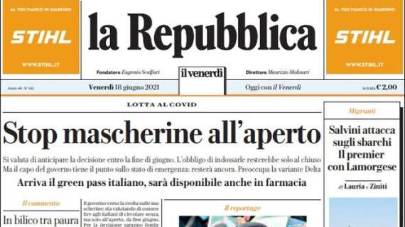 La Repubblica - Stop mascherine all'aperto 