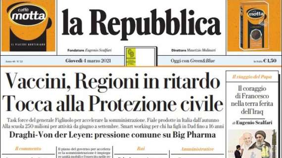 La Repubblica - Vaccini, Regioni in ritardo. Tocca alla Protezione Civile 