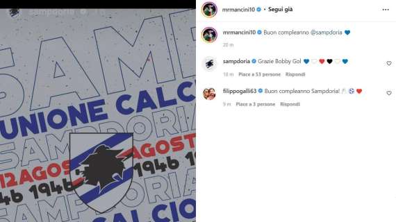 Compleanno Sampdoria, il messaggio social di Mancini