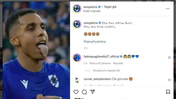 Sampdoria celebra i gol contro la Fiorentina sui social: "One, two, three, four..."