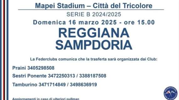 Federclubs, info e pullman per Reggiana - Sampdoria