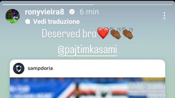 Sampdoria, Vieira si complimenta con Kasami per il gol 