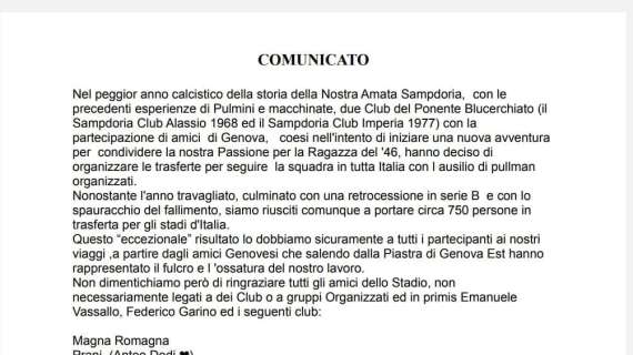 Federclubs, i complimenti ai Sampdoria club Alassio 1968 e Sampdoria club Imperia 1977