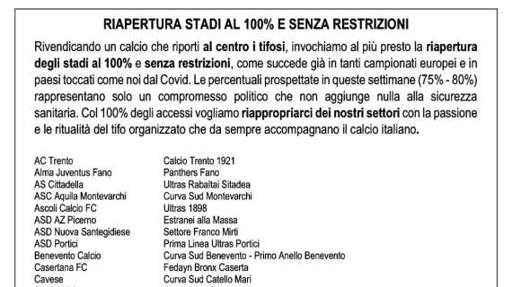 Gradinata Sud Sampdoria nel comunicato tifoserie su riapertura stadi al 100% senza restrizioni