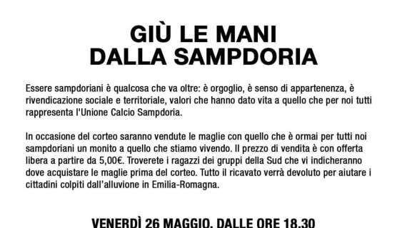 Corteo 26 maggio, in vendita maglie "Giù le mani dalla Sampdoria", incasso per l'Emilia Romagna