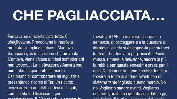 Restrizioni Mantova - Sampdoria, la Sud: "Che pagliacciata..."