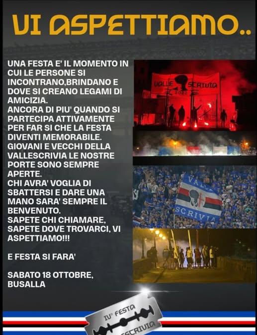 Tifosi Sampdoria, l'invito per la festa del Vallescrivia a Busalla