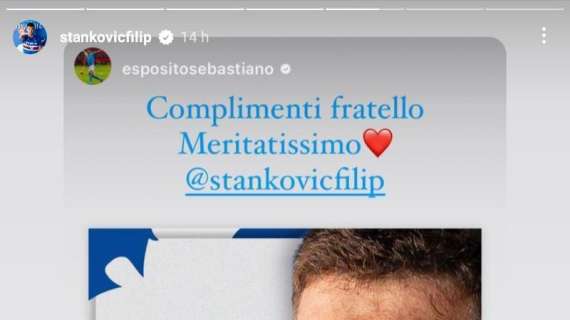 Obiettivi Sampdoria, Seb. Esposito manda messaggio a Stankovic: "Complimenti fratello"