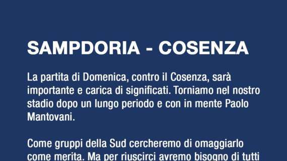 Sampdoria - Cosenza: il comunicato dei Gruppi della Sud