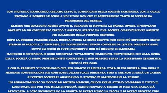 Situazione Sampdoria, Fedelissimi: "D'ora in poi inizierà una dura e meritata contestazione"