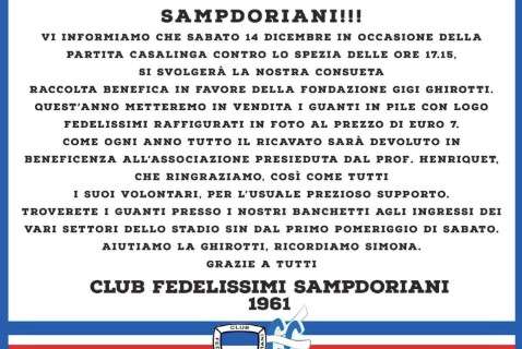 Sampdoria - Spezia, Fedelissimi organizzano raccolta Fondazione Ghirotti