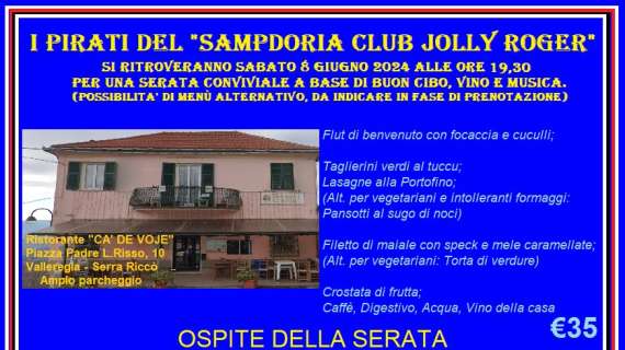 Jolly Roger Sampdoria Club, sabato 6 giugno serata conviviale con Baldari