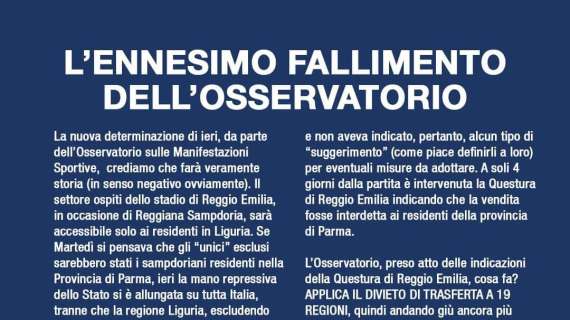 Trasferta Sampdoria a Reggio Emilia, La Sud: "Ennesimo fallimento dell'Osservatorio"