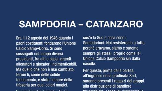 Sampdoria - Catanzaro, l'iniziativa dei gruppi della Gradinata Sud