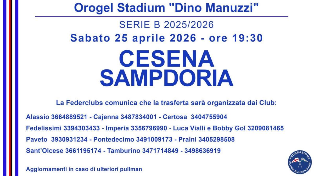 Federclubs, i pullman per seguire la Sampdoria a Cesena