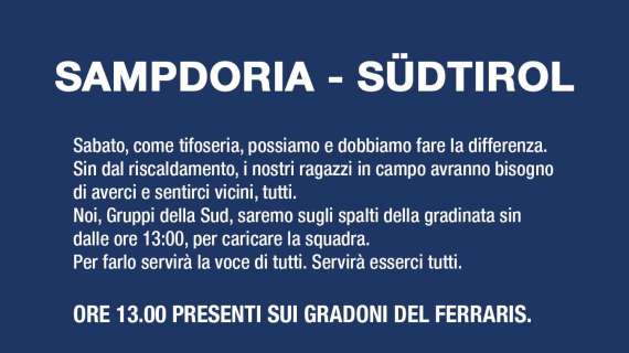 Gruppi della Sud: "Sampdoria - Sudtirol, ore 13 presenti sui gradoni del Ferraris"