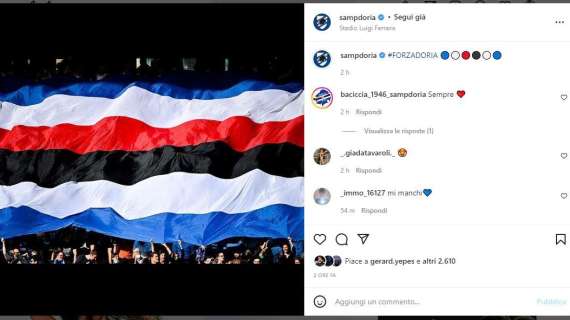 Sampdoria mostra colori sui social: "#FORZADORIA"