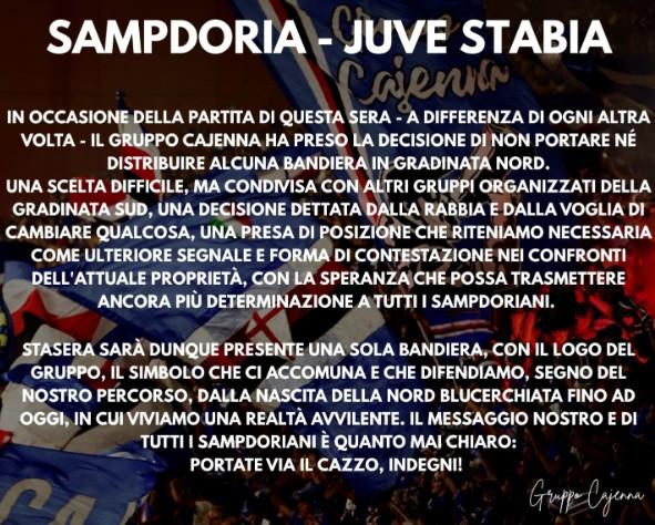 Tifoseria Sampdoria, comunicato Gruppo Cajenna: "Realtà avvilente"