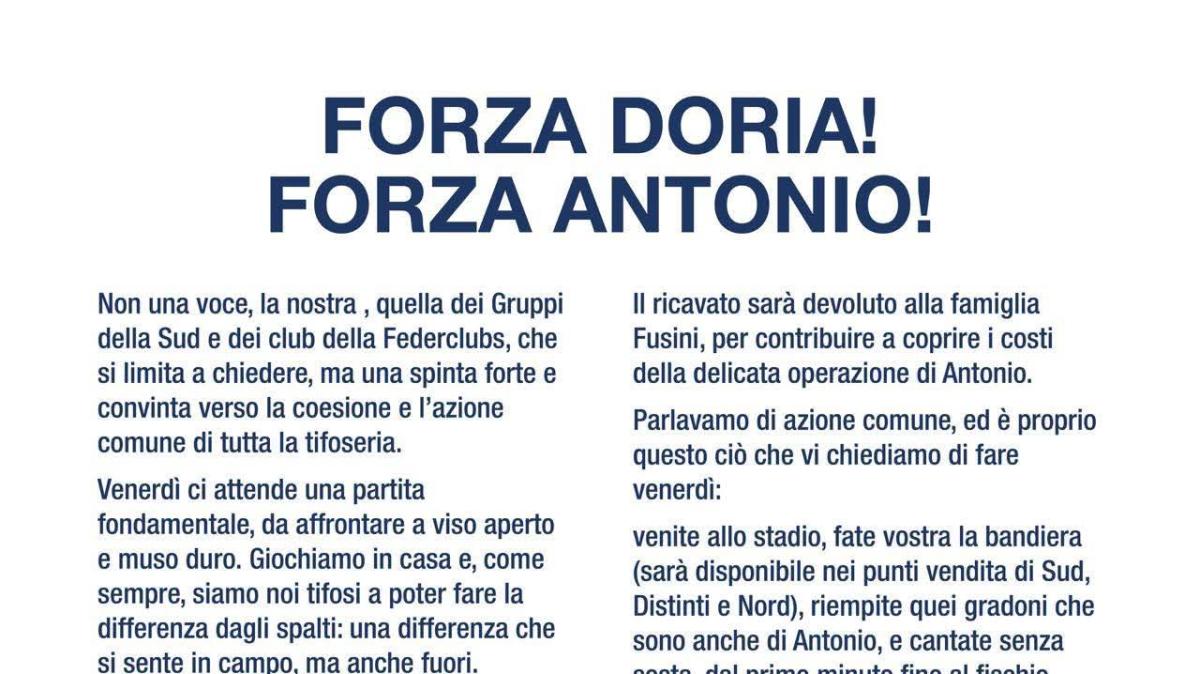 Sampdoria - Entella, iniziativa benefica Federclubs e gruppi Sud: "Forza Doria! Forza Antonio!"