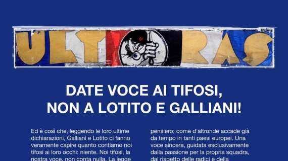 Sampdoria, UTC: "Date voce ai tifosi, non a Lotito e Galliani!"