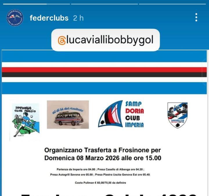 Federclubs, i club che organizzano la trasferta per Frosinone - Sampdoria