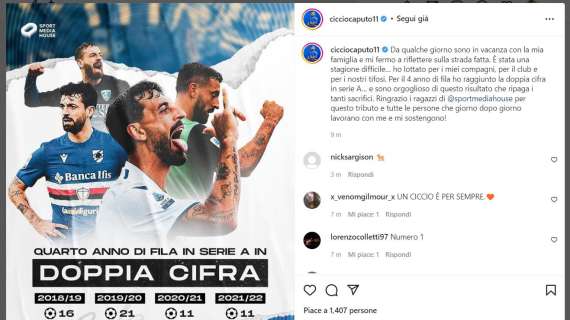 Sampdoria, Caputo: "Lottato per miei compagni, club e nostri tifosi"