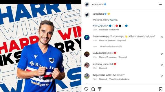 Sampdoria, il benvenuto social a Winks: "Welcome, Harry"