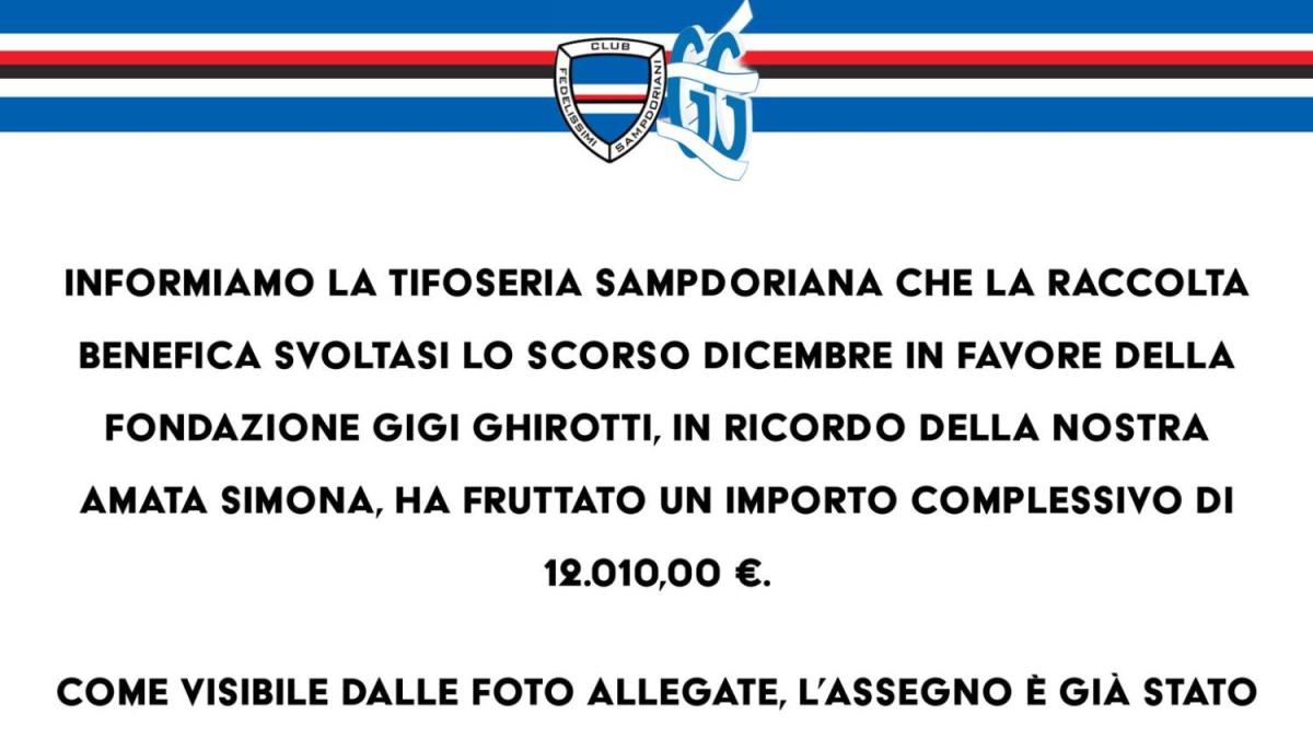 Sampdoria Club Fedelissimi 1961, il ricavato della donazione alla Ghirotti