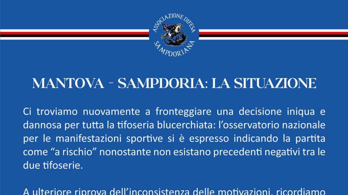 Restrizioni Mantova - Sampdoria, il comunicato Associazione Difesa Sampdoriana