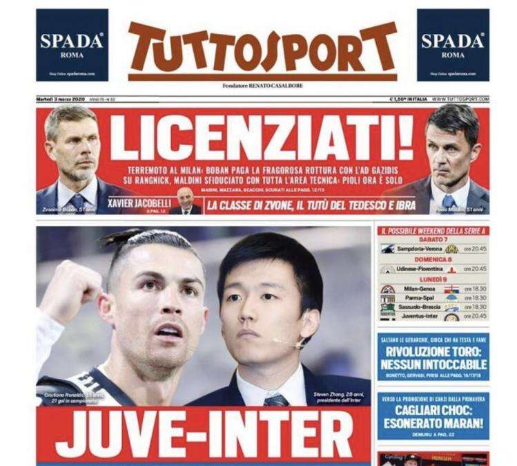 L'apertura di Tuttosport, Zhang durissimo: "Dal Pino pagliaccio"