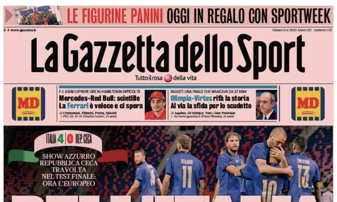 Rassegna stampa sportiva oggi: prime pagine sabato 5 giugno 2021