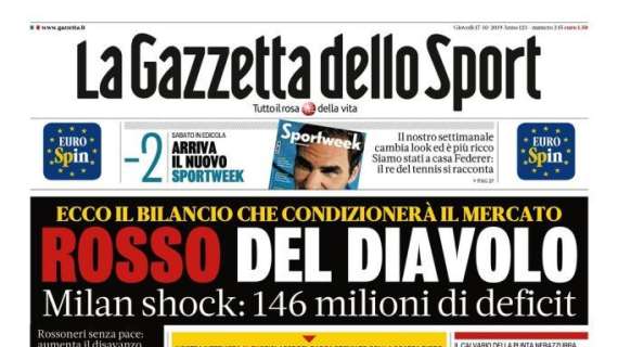 La Gazzetta dello Sport in prima pagina: "Rosso del Diavolo"