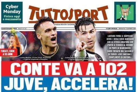 La prima pagina di Tuttosport: "Conte va a 102. Juve, accelera!"